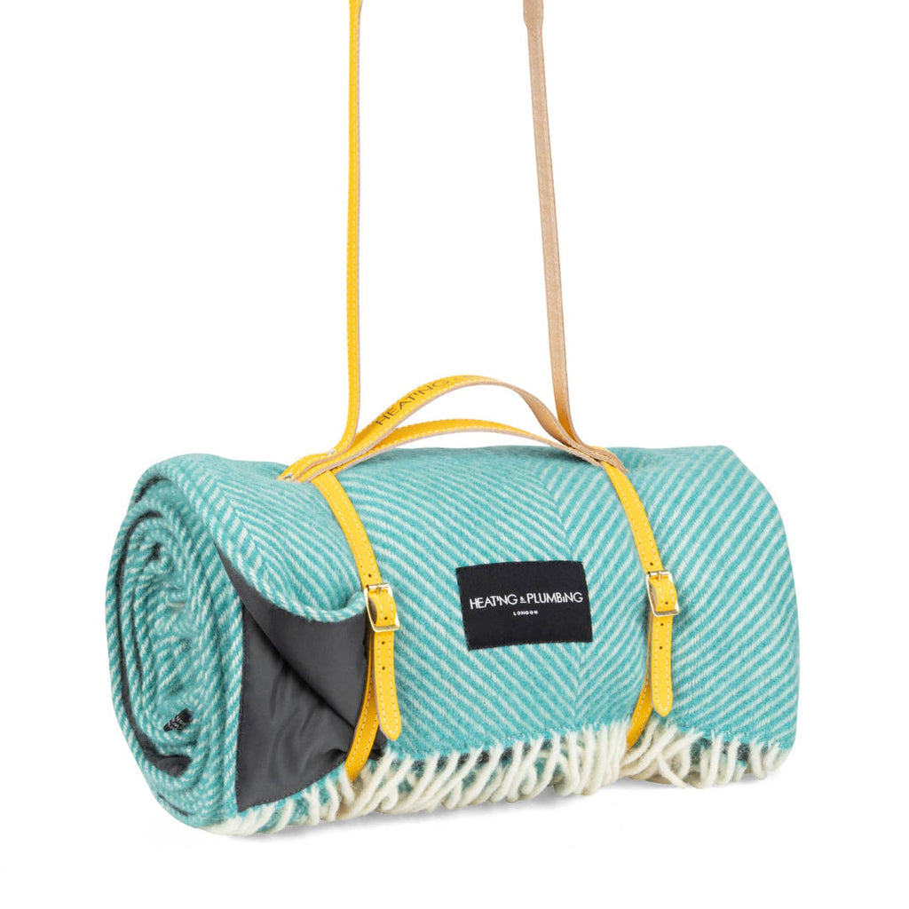 Heating & Plumbing London - Pure New Wool Picnic Blanket - Cornish Cove - Yellow Strap