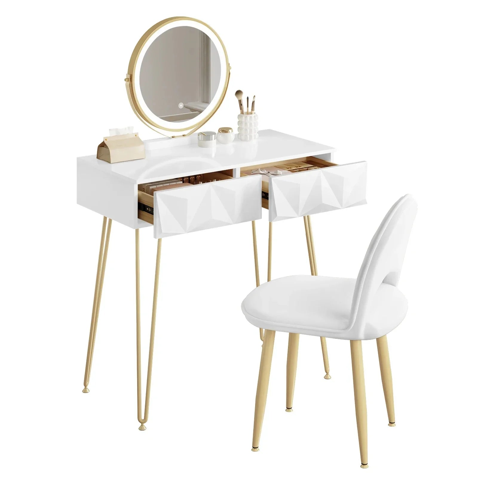 White Gold Vanity Makeup Table LED Mirror Velvet Chair