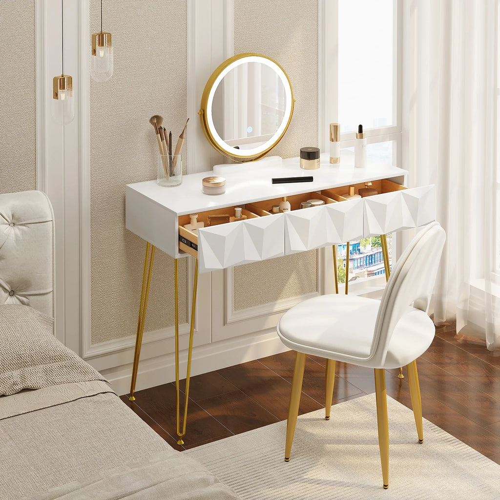 White Gold Vanity Makeup Table LED Mirror Velvet Chair