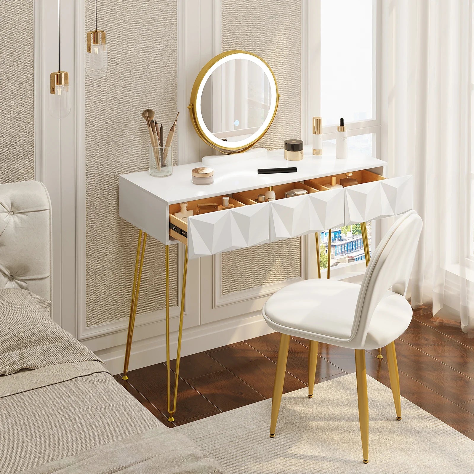 White Gold Vanity Makeup Table LED Mirror Velvet Chair