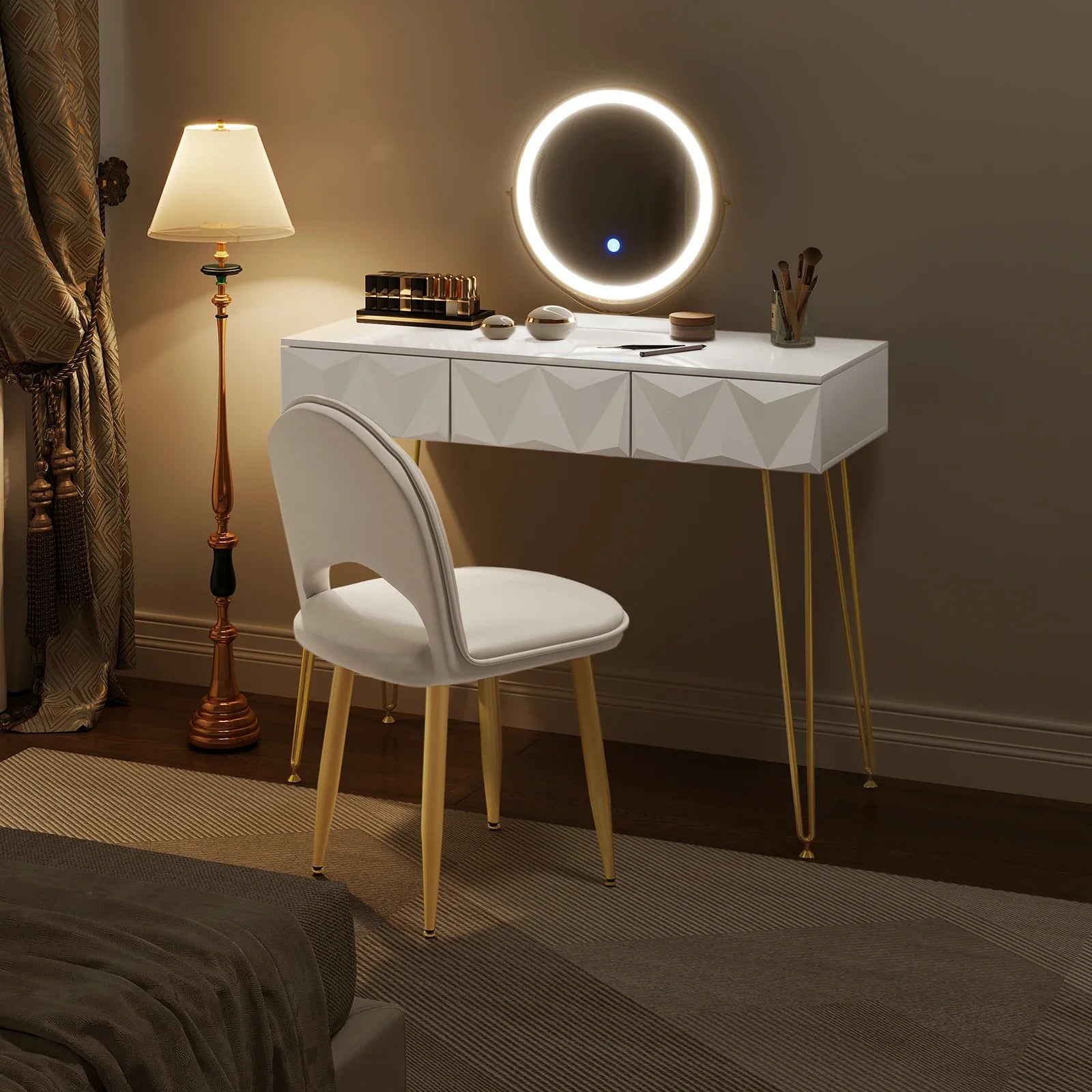 White Gold Vanity Makeup Table LED Mirror Velvet Chair