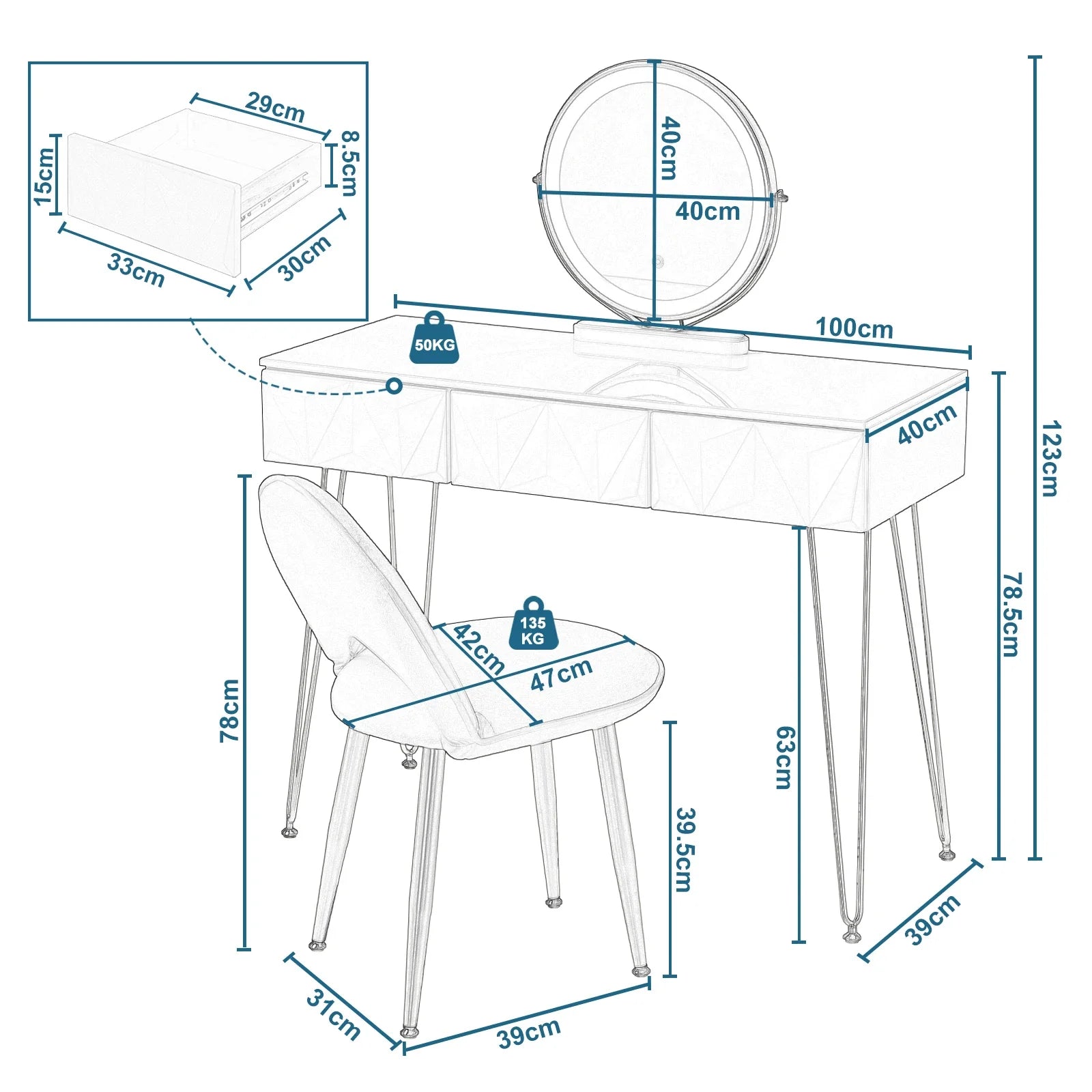 White Gold Vanity Makeup Table LED Mirror Velvet Chair