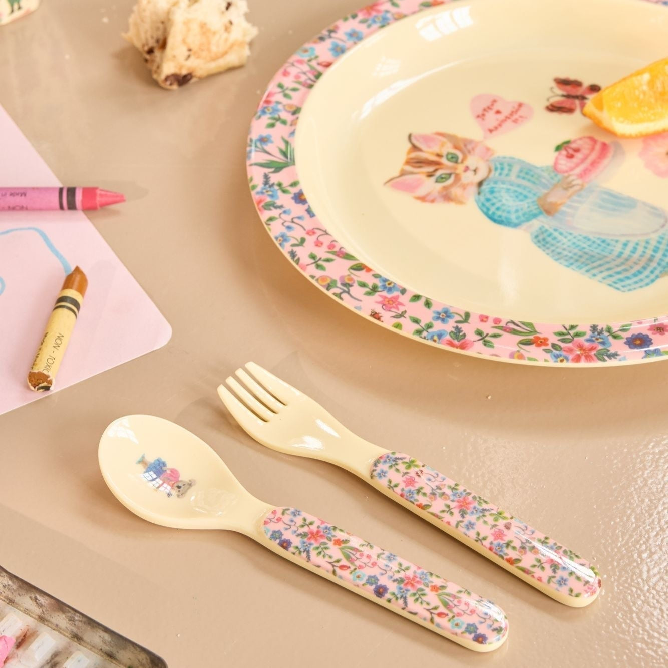 Kids Melamine Spoon and Fork with Nathalie Lété Print - Pink