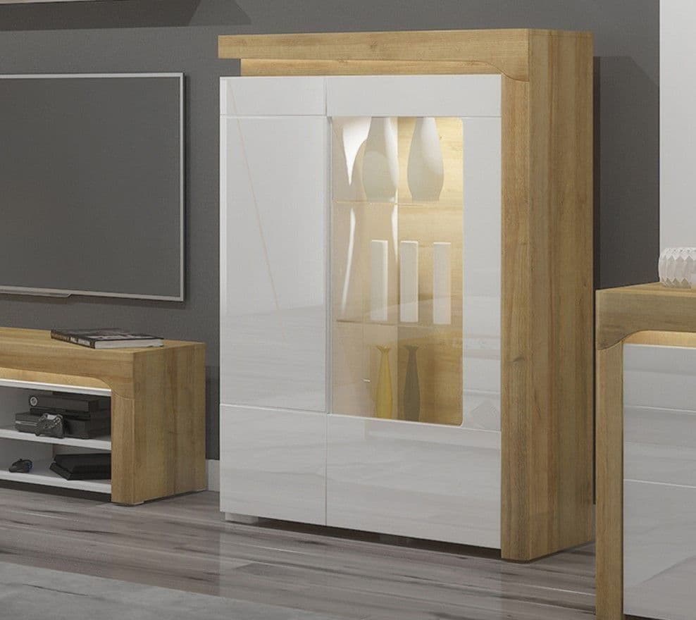 Cad Oak Effect and White Gloss Low Wide Display Cabinet