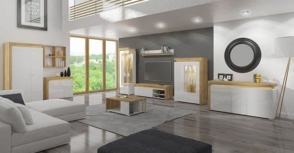 Cad Oak Effect and White Gloss Low Wide Display Cabinet