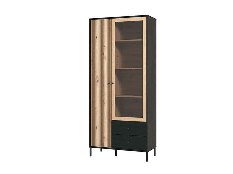 Cliff Slatted Artisan Oak Effect And Black 2 Door Display Cabinet