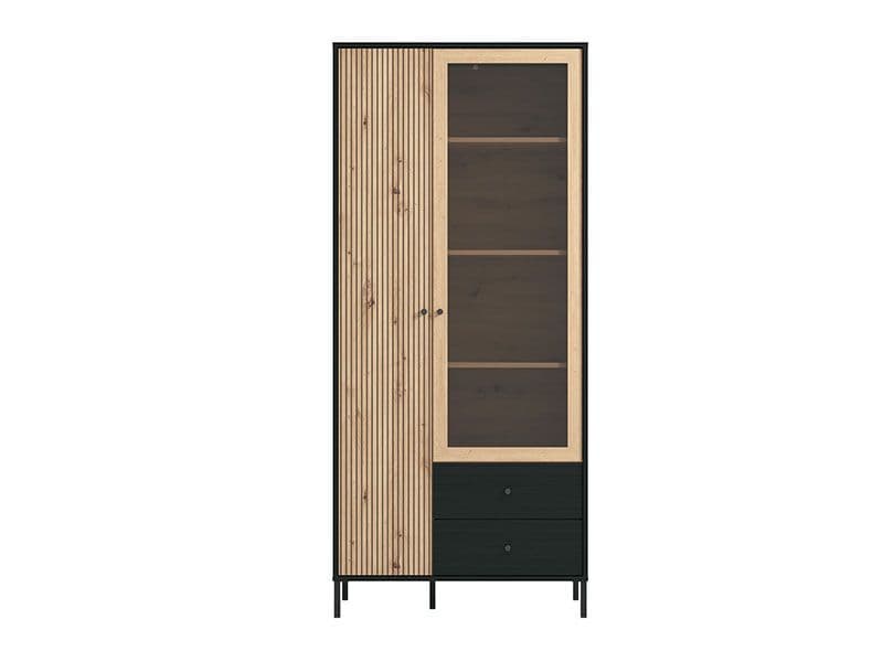Cliff Slatted Artisan Oak Effect And Black 2 Door Display Cabinet