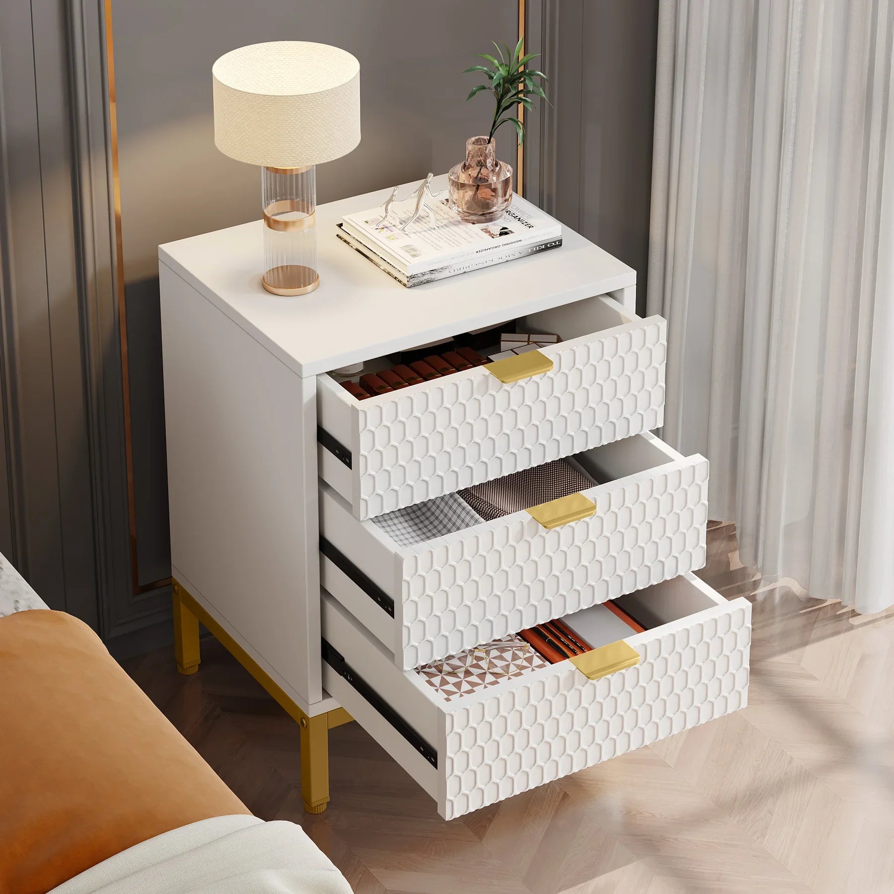 Diantha White Textured Modern Bed Side Table