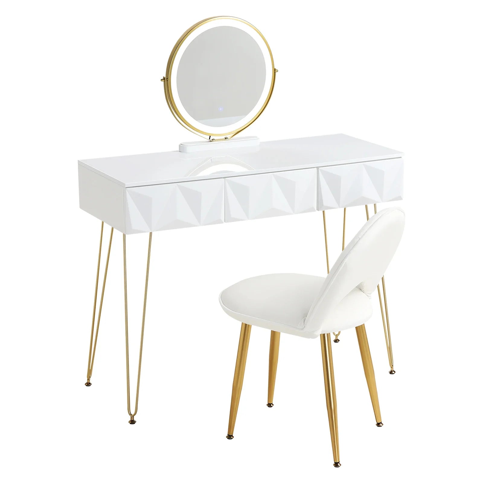 White Gold Vanity Makeup Table LED Mirror Velvet Chair