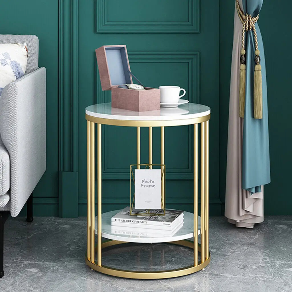 2-Tier Gold and White Marble Effect Side Table