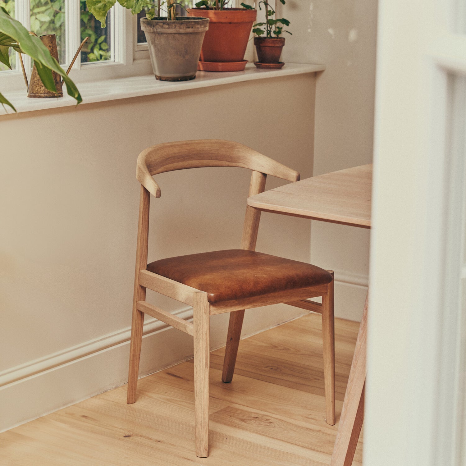 Borough Oak Dining Chair, Tan Leather