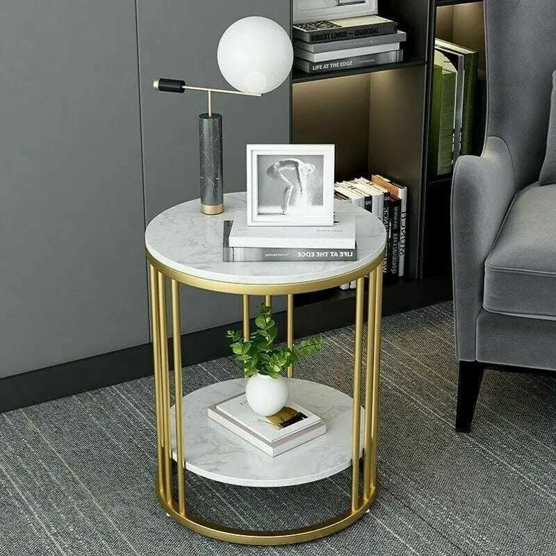 2-Tier Gold and White Marble Effect Side Table
