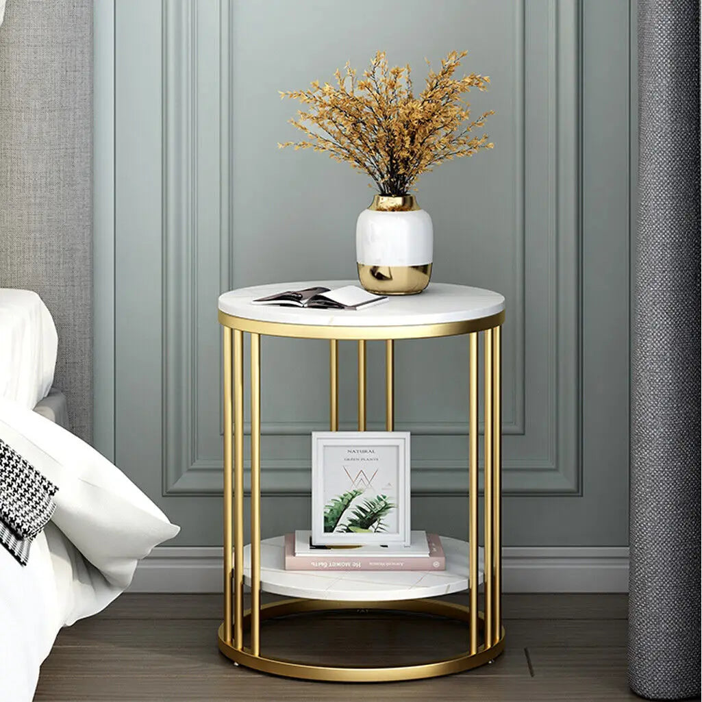 2-Tier Gold and White Marble Effect Side Table