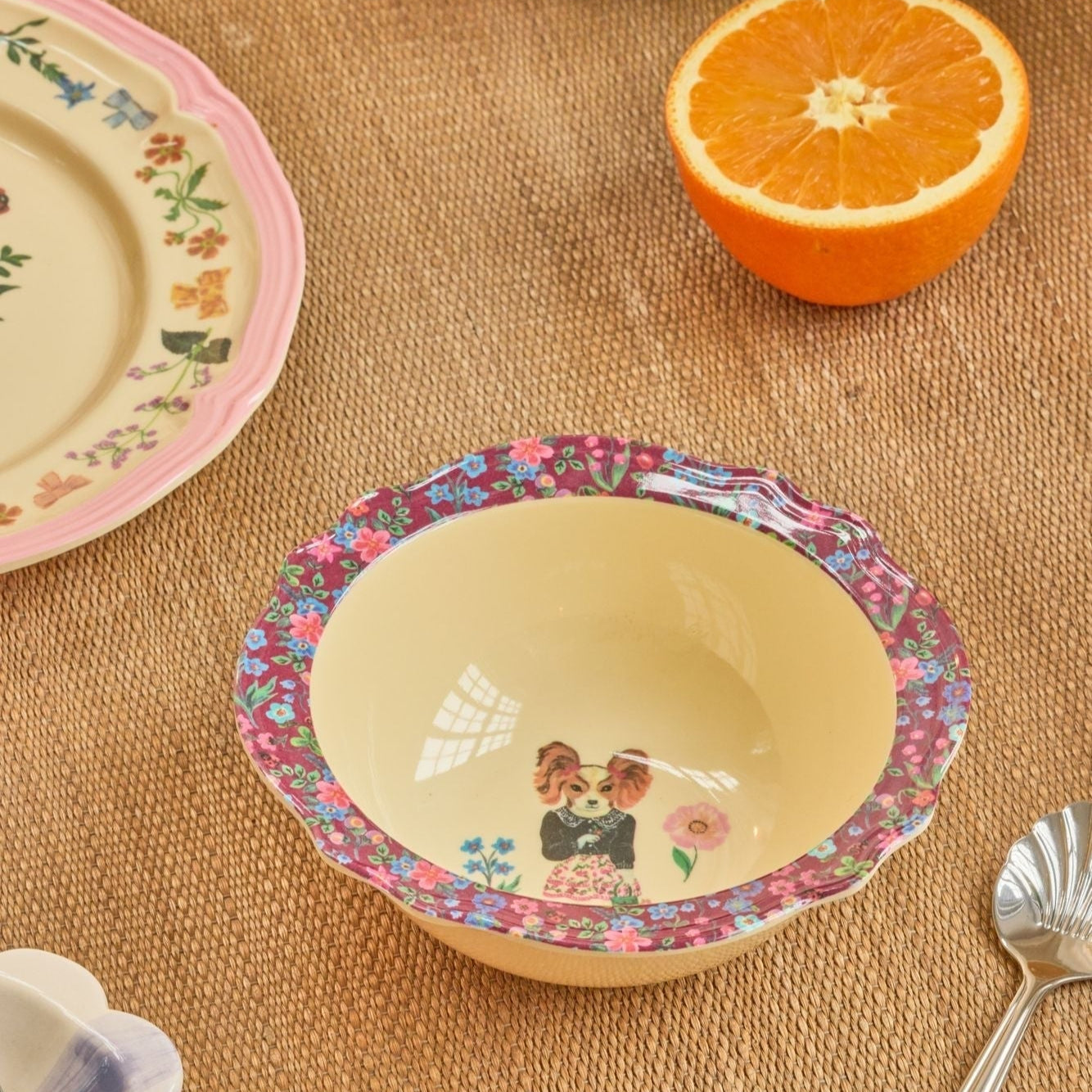 Melamine Vintage Bowl with Nathalie Lété Print - Bordeaux