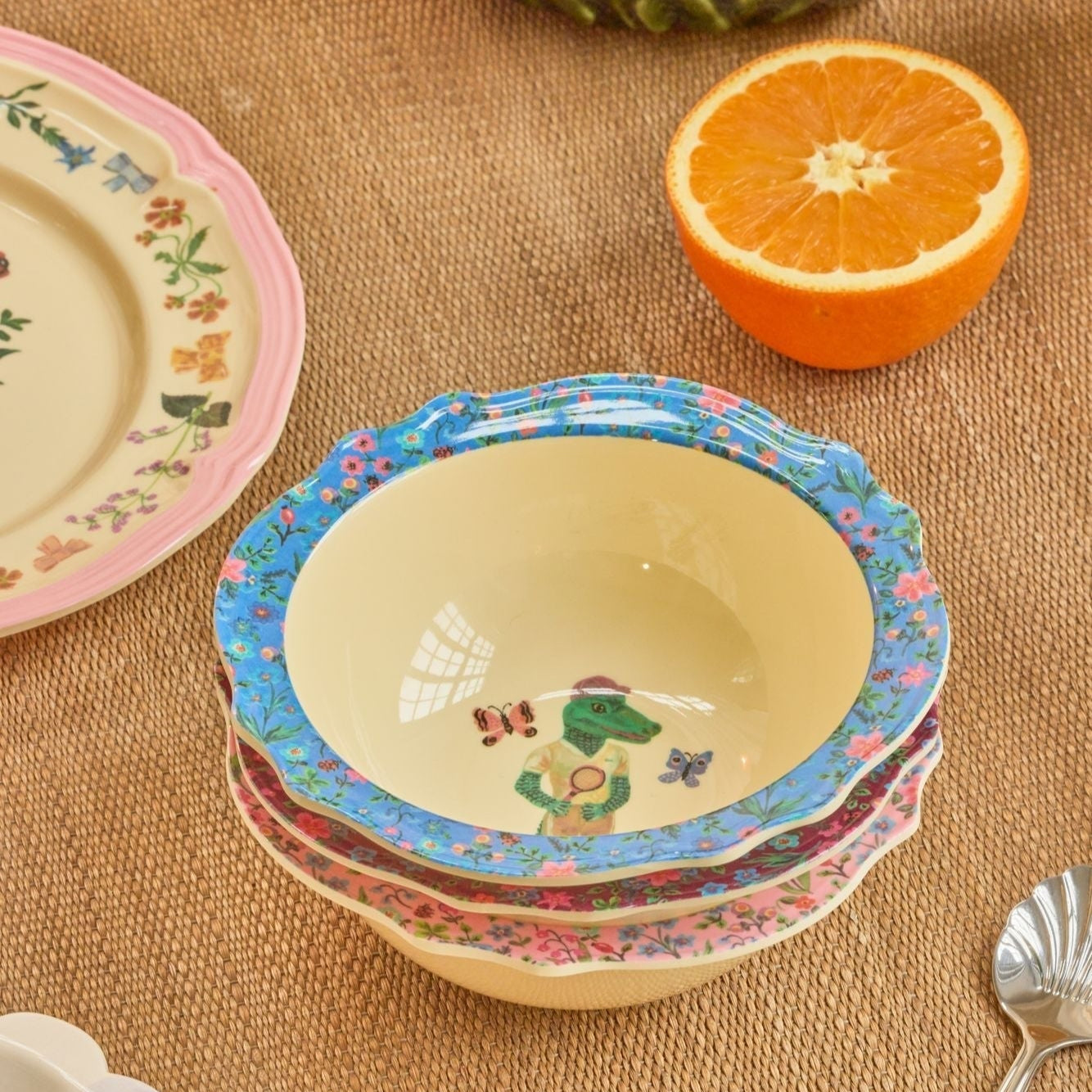 Melamine Vintage Bowl with Nathalie Lété Print - Blue