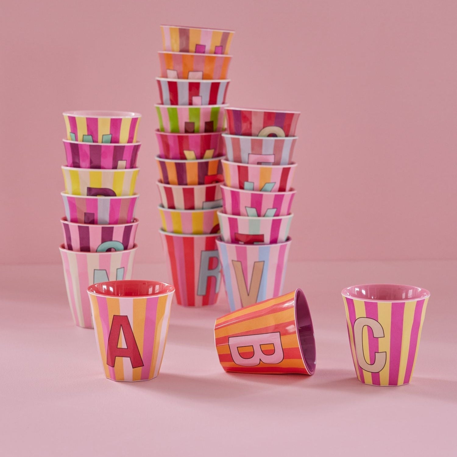 Melamine Alphabet Cup - Stripes - Pink - Medium - 250 ml