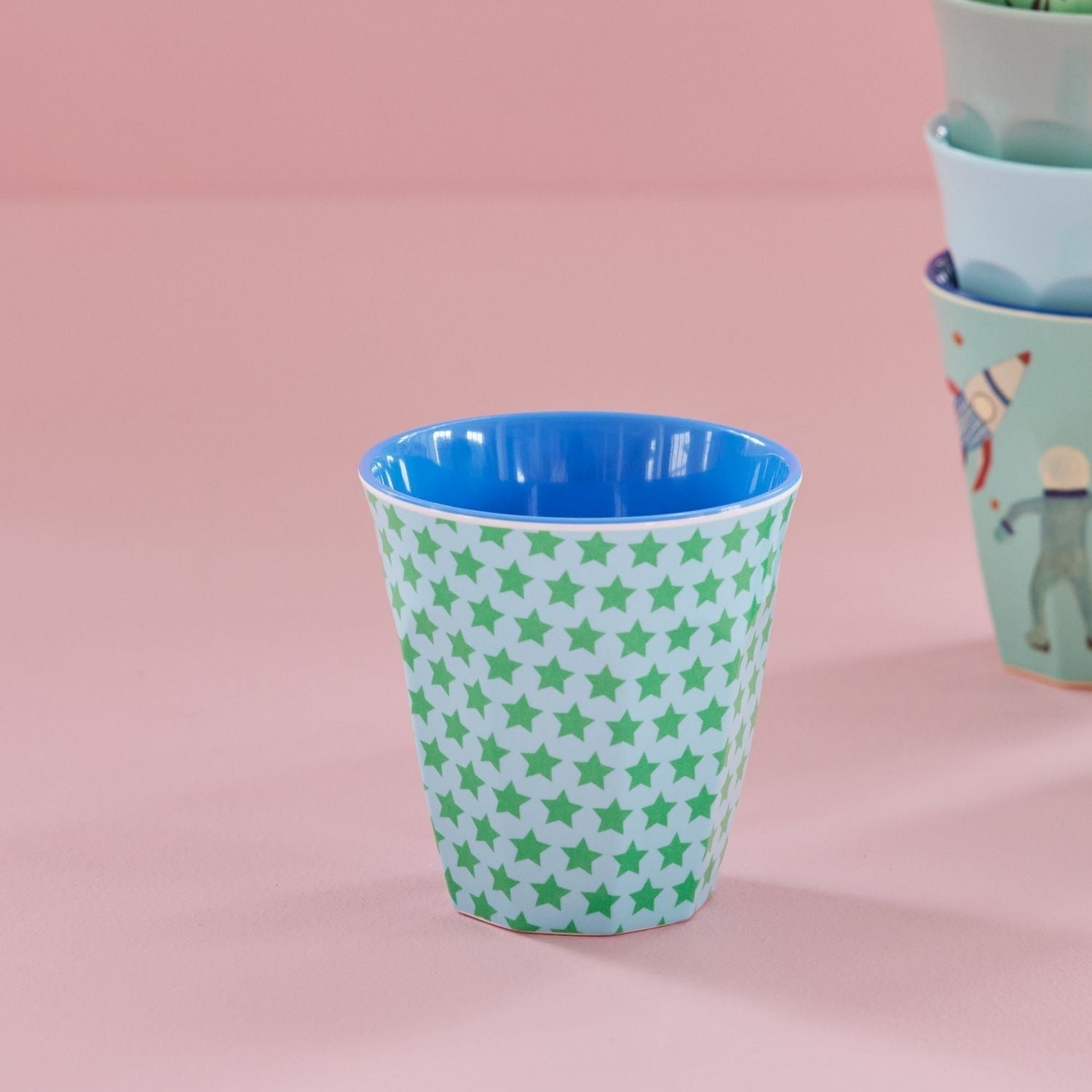 Melamine Cup with Green and Turquoise Star Print - Medium - 250 ml