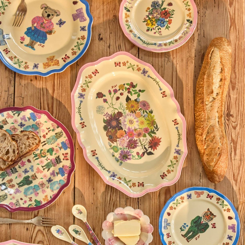 Melamine Vintage Dinner Plate with Nathalie Lété Print - Blue