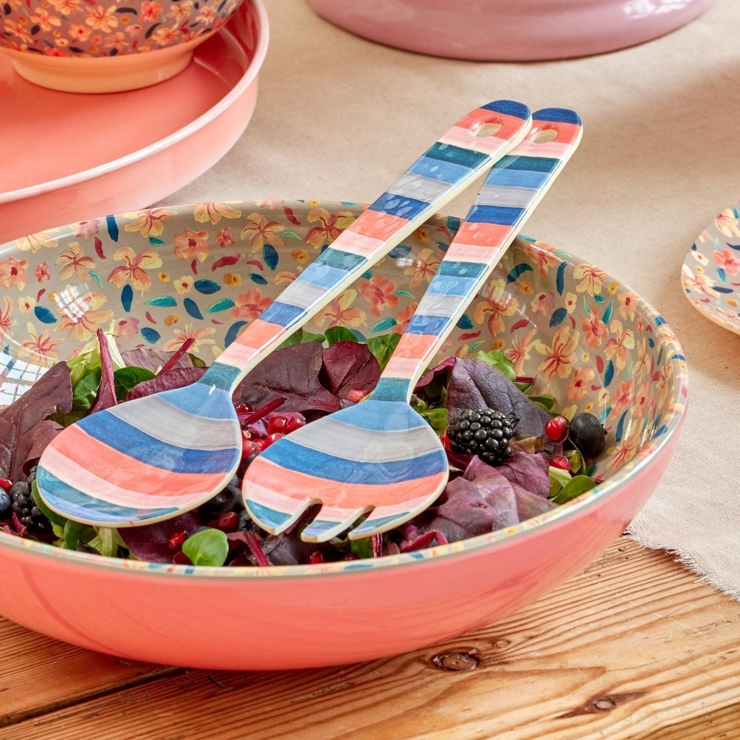 Melamine Salad Spoon and Fork with A New York Minute Stripes Print