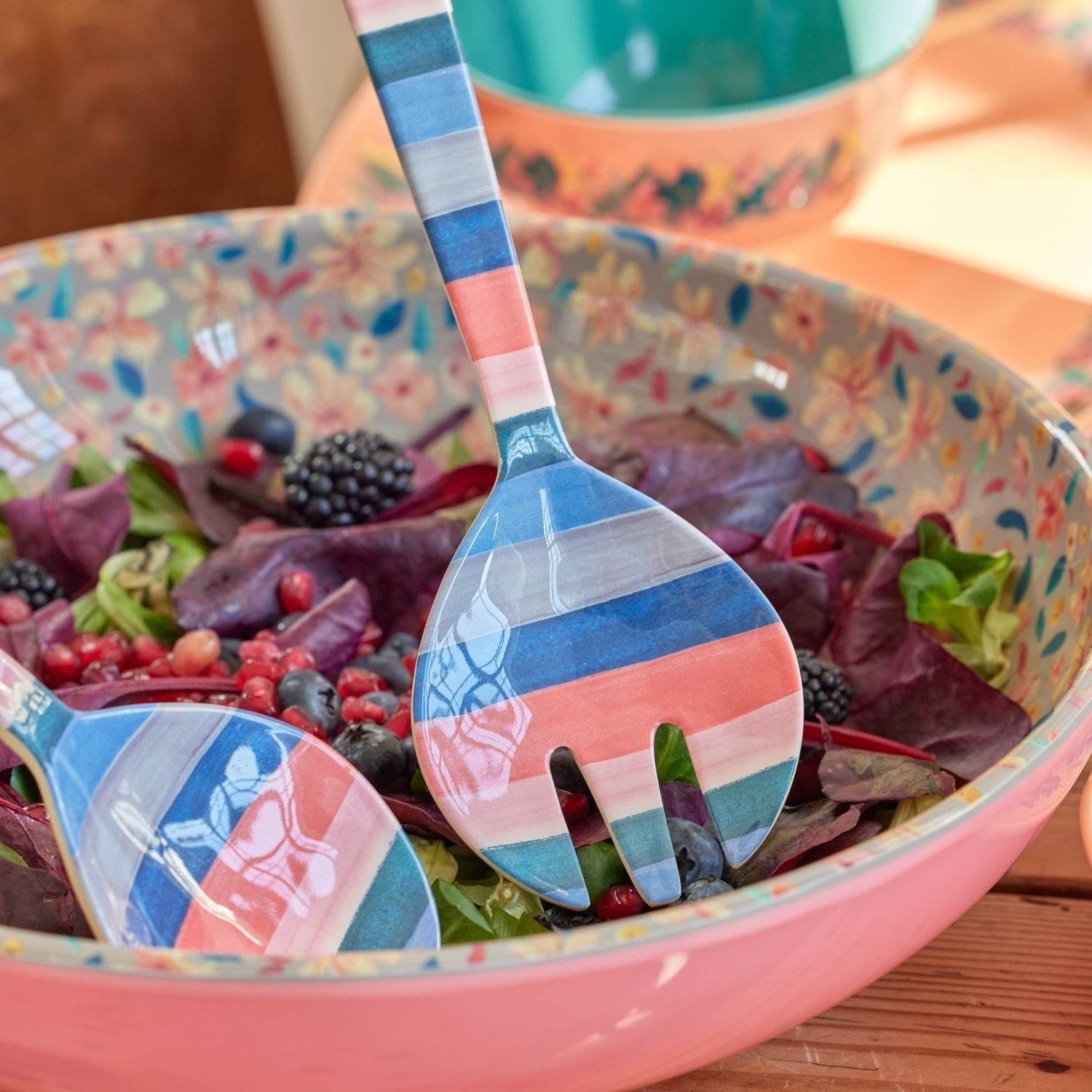 Melamine Salad Spoon and Fork with A New York Minute Stripes Print
