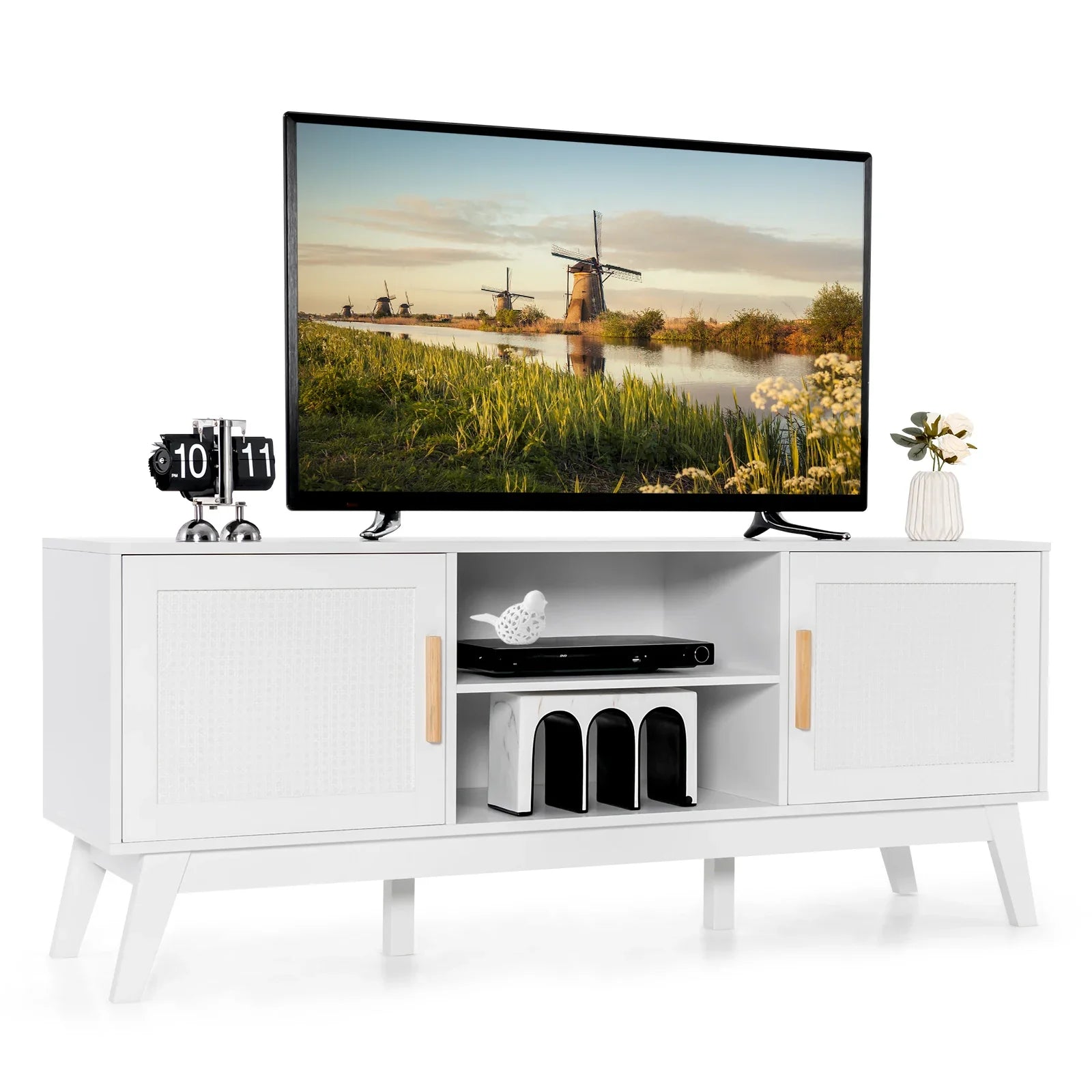 White Natural Rattan TV Stand for 65-Inch TV