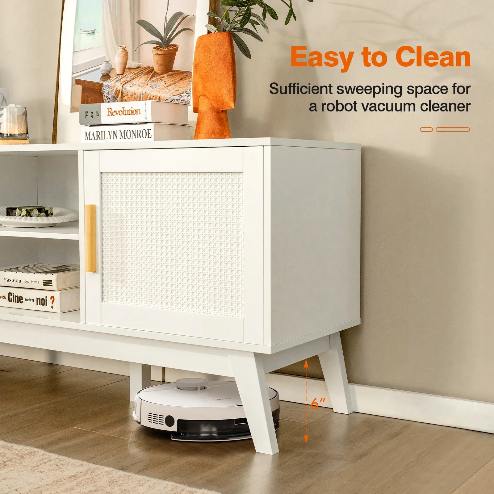 White Natural Rattan TV Stand for 65-Inch TV