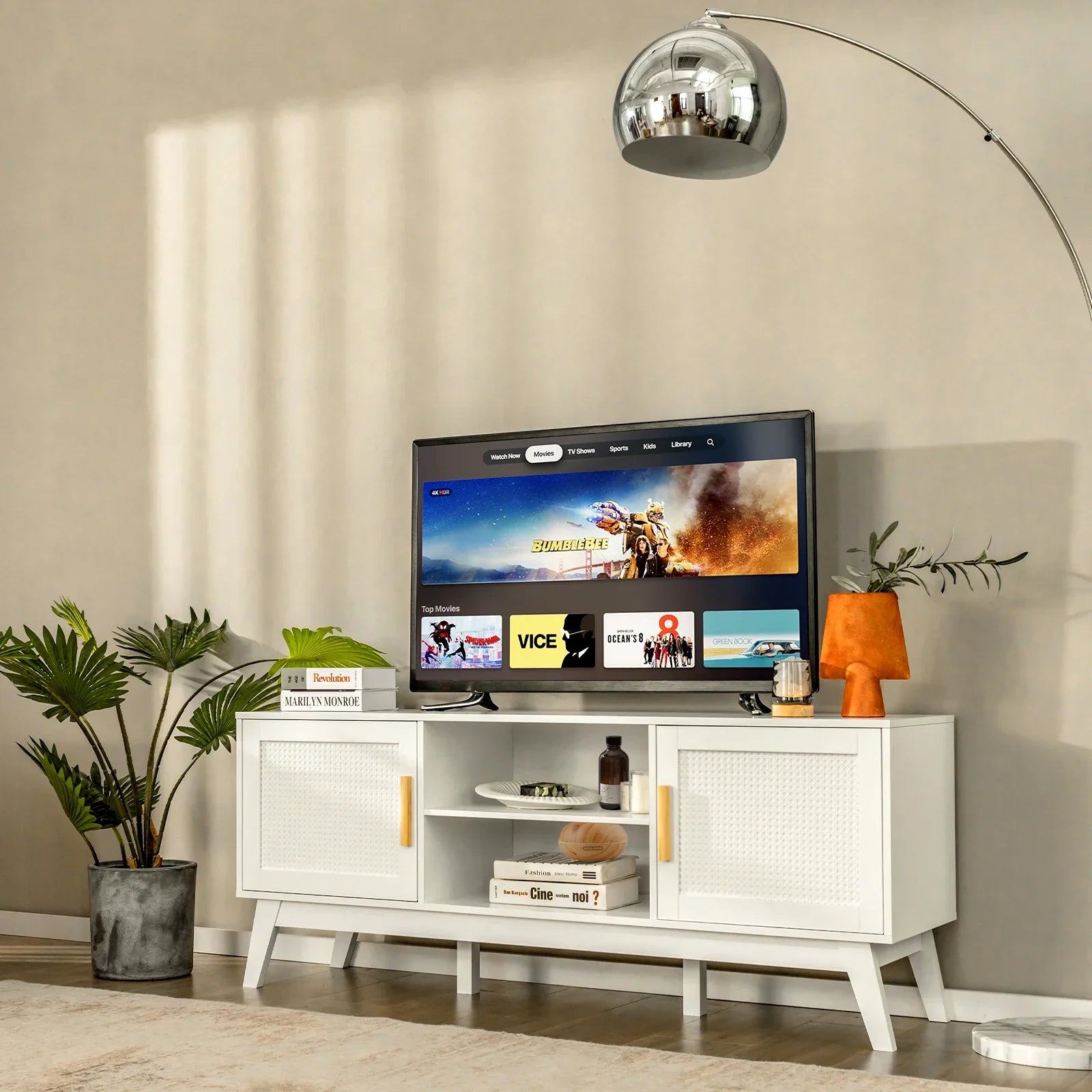 White Natural Rattan TV Stand for 65-Inch TV