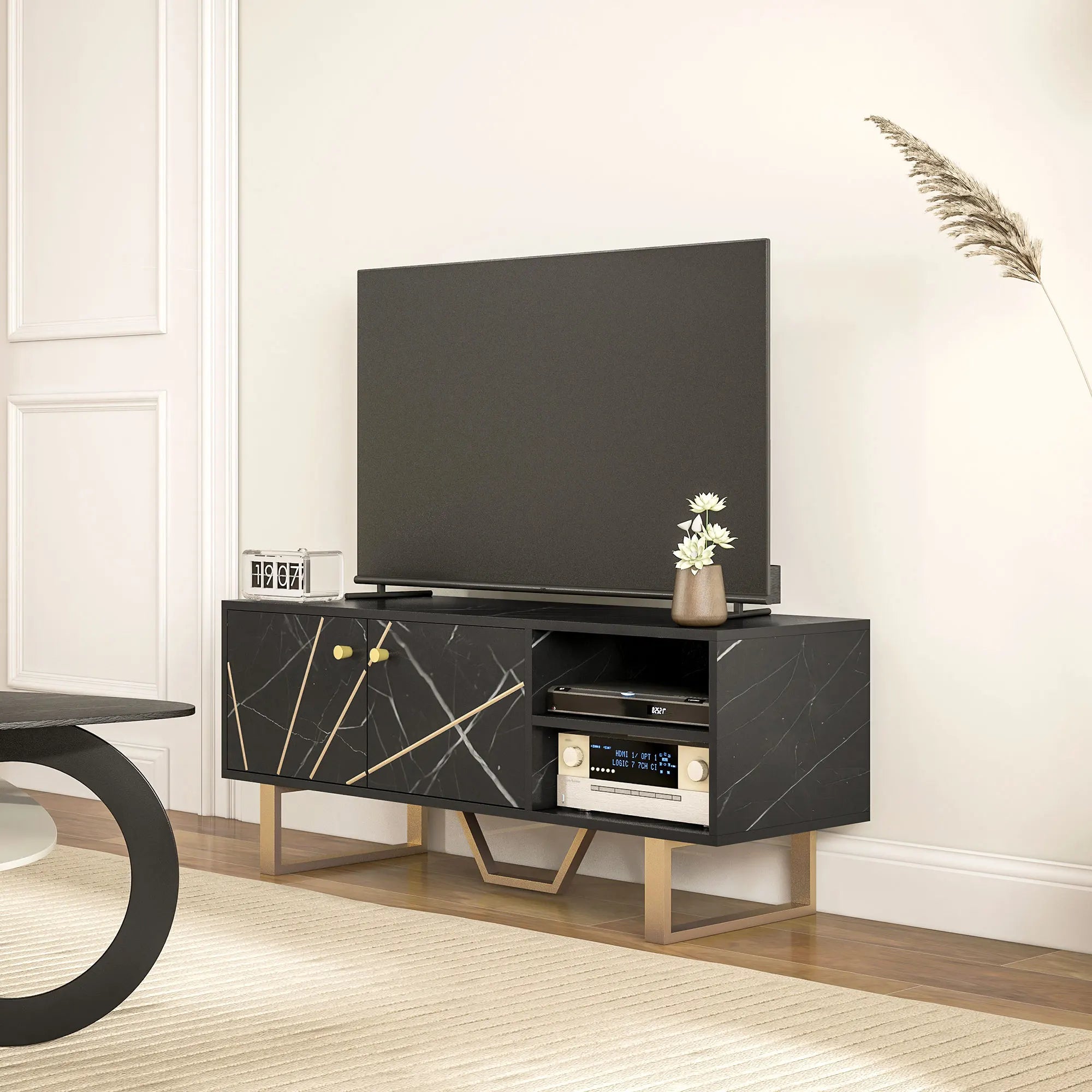 HOMCOM TV Unit for Living Room, TV Stand, Black Marble effect