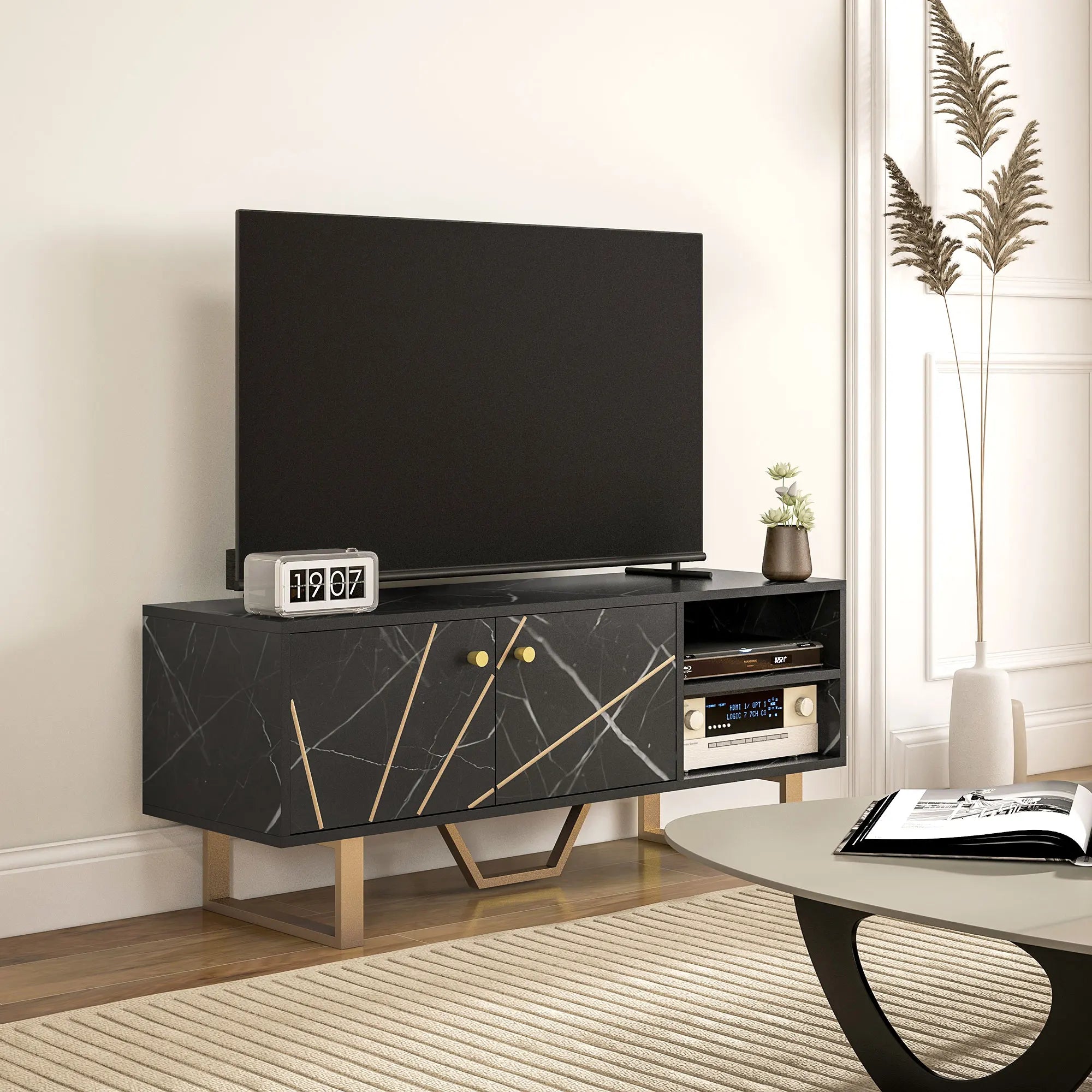 HOMCOM TV Unit for Living Room, TV Stand, Black Marble effect