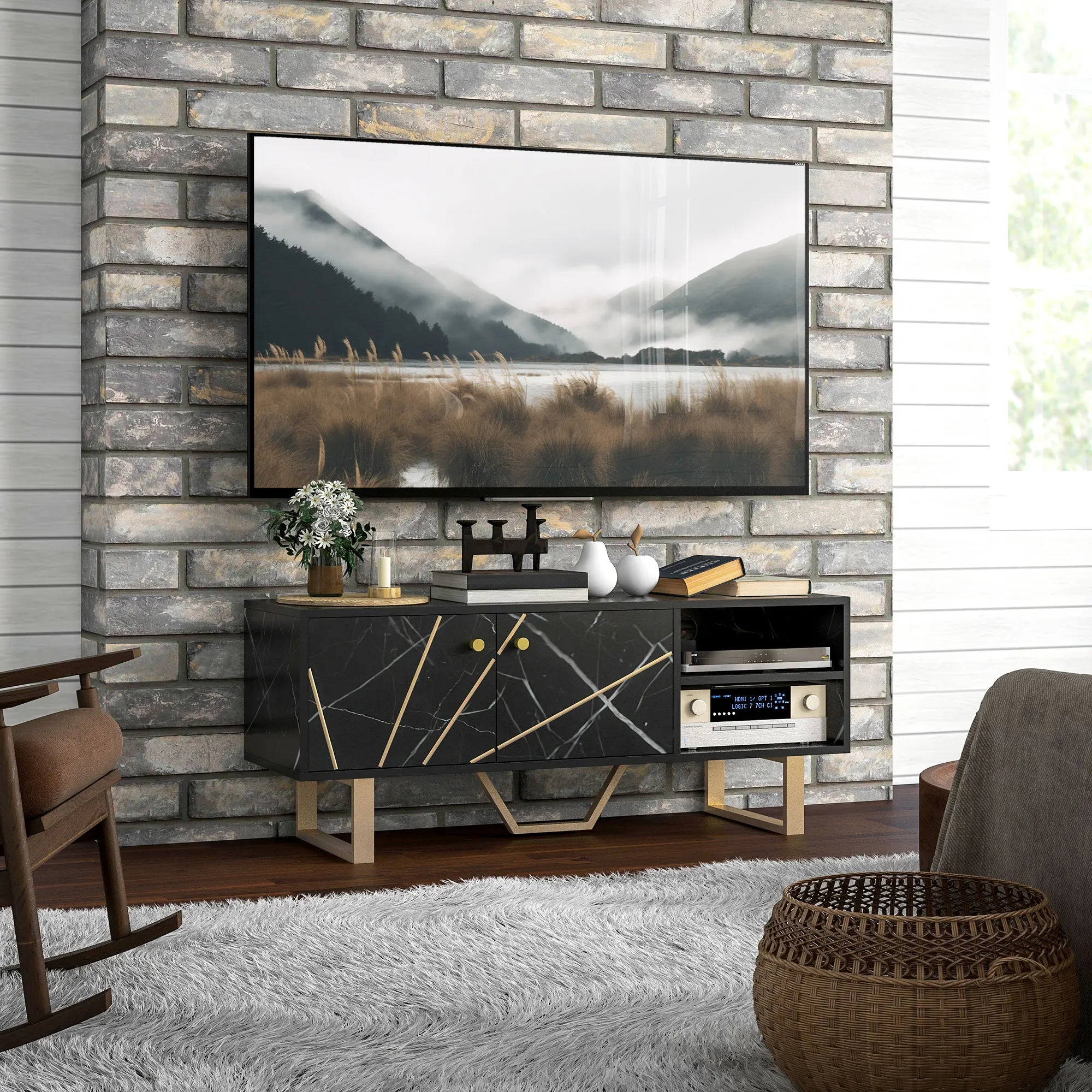 HOMCOM TV Unit for Living Room, TV Stand, Black Marble effect