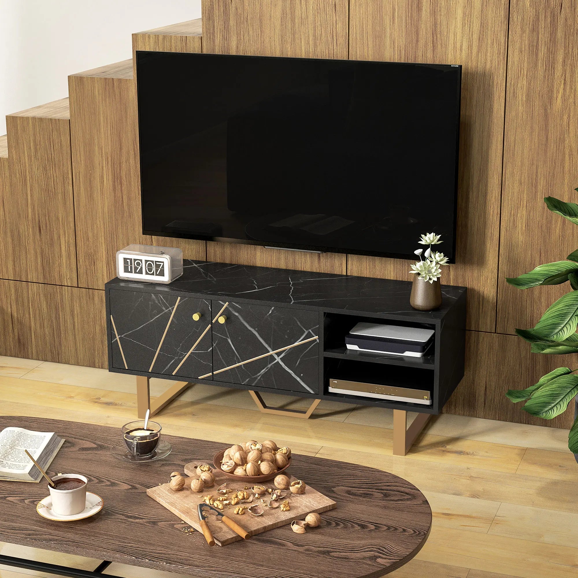 HOMCOM TV Unit for Living Room, TV Stand, Black Marble effect