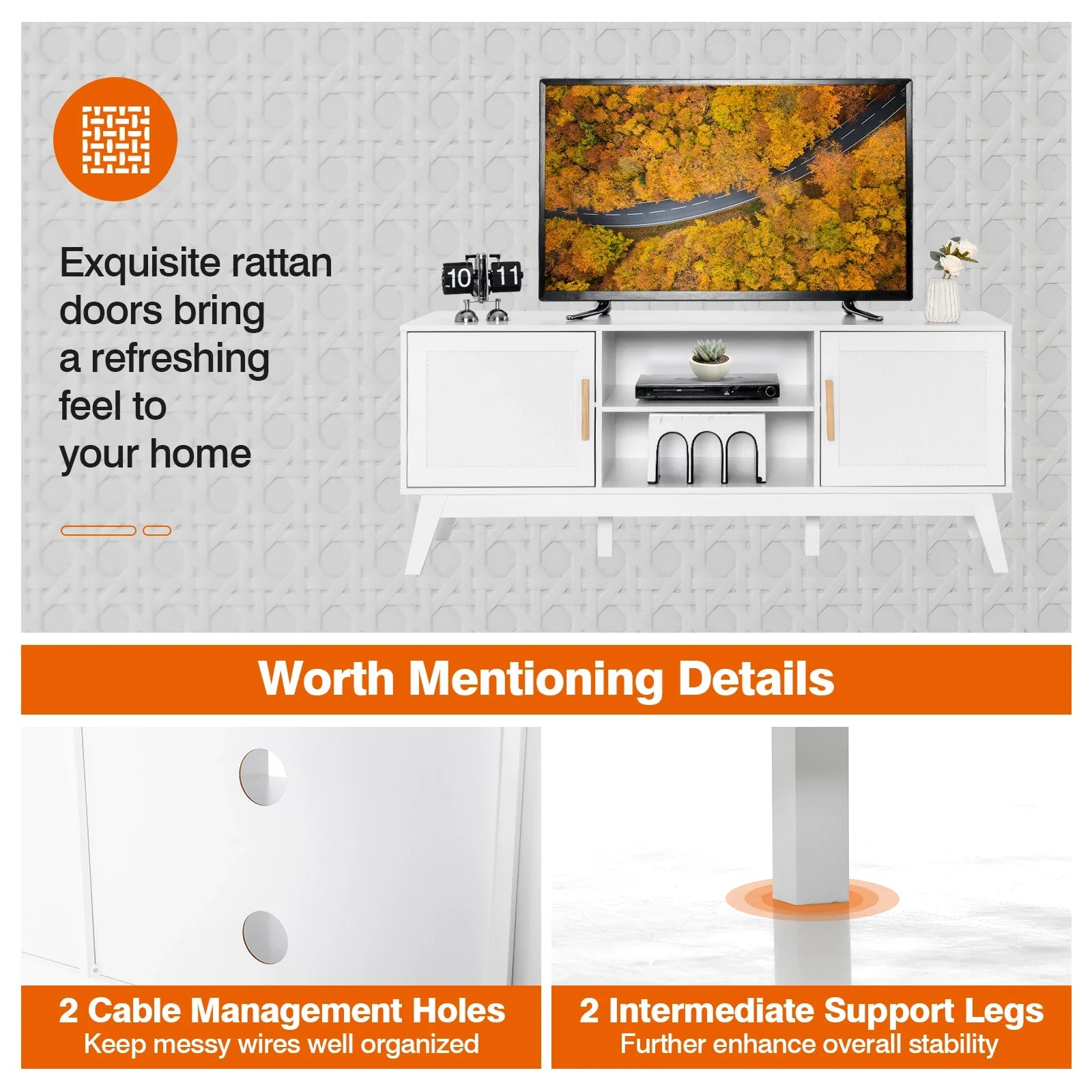 White Natural Rattan TV Stand for 65-Inch TV