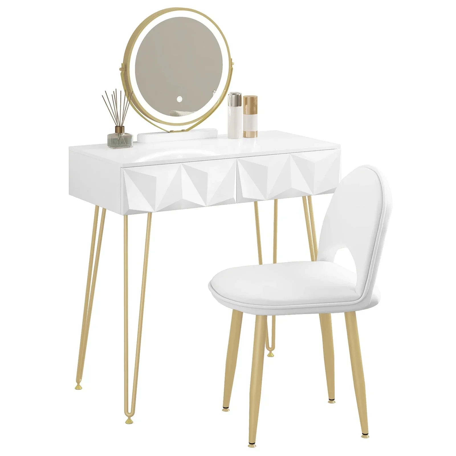 White Gold Vanity Makeup Table LED Mirror Velvet Chair