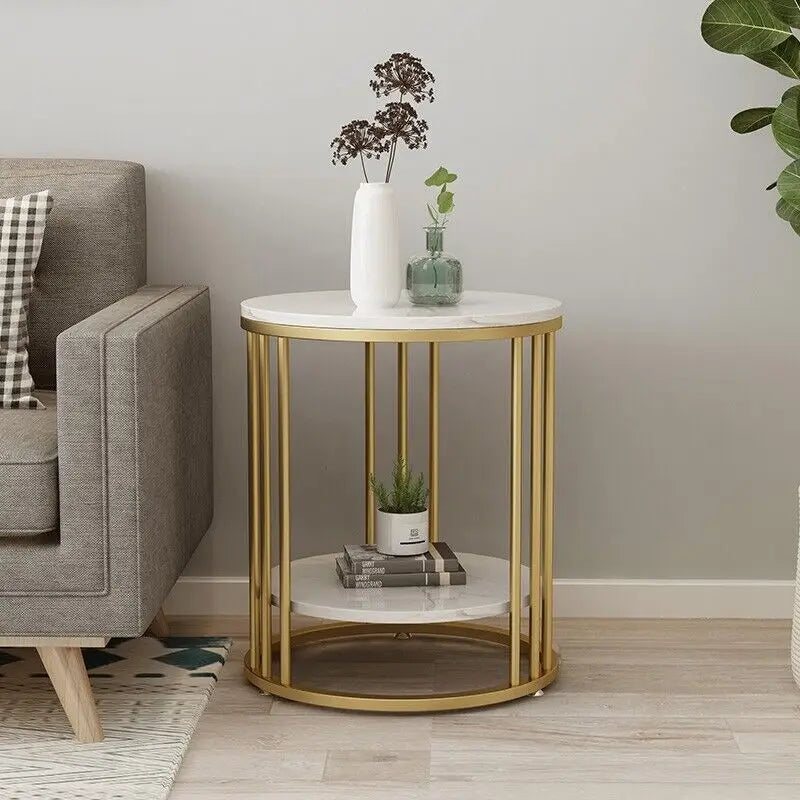 2-Tier Gold and White Marble Effect Side Table