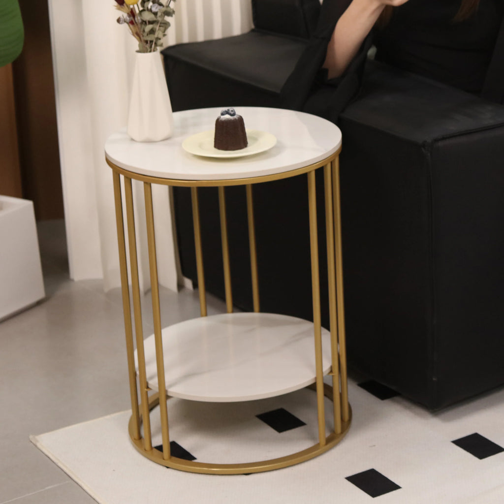 2-Tier Gold and White Marble Effect Side Table