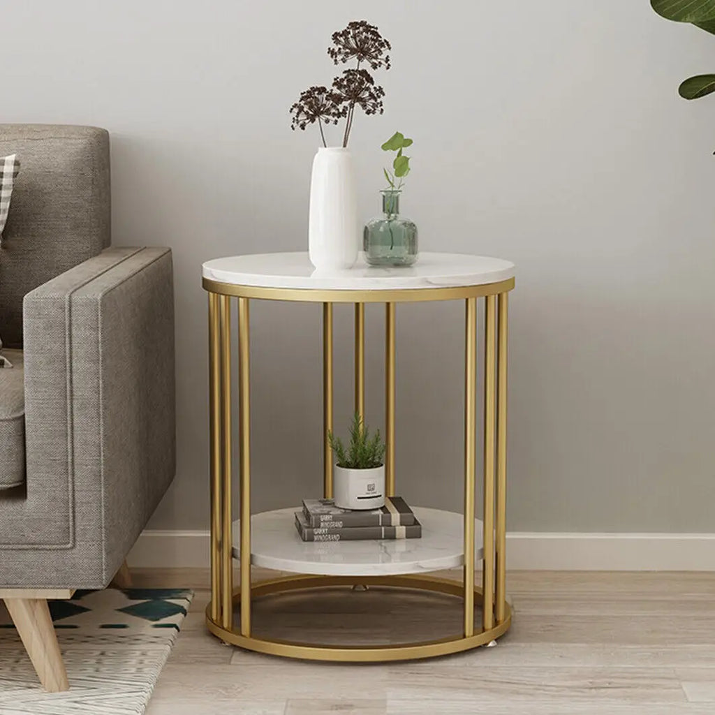 2-Tier Gold and White Marble Effect Side Table