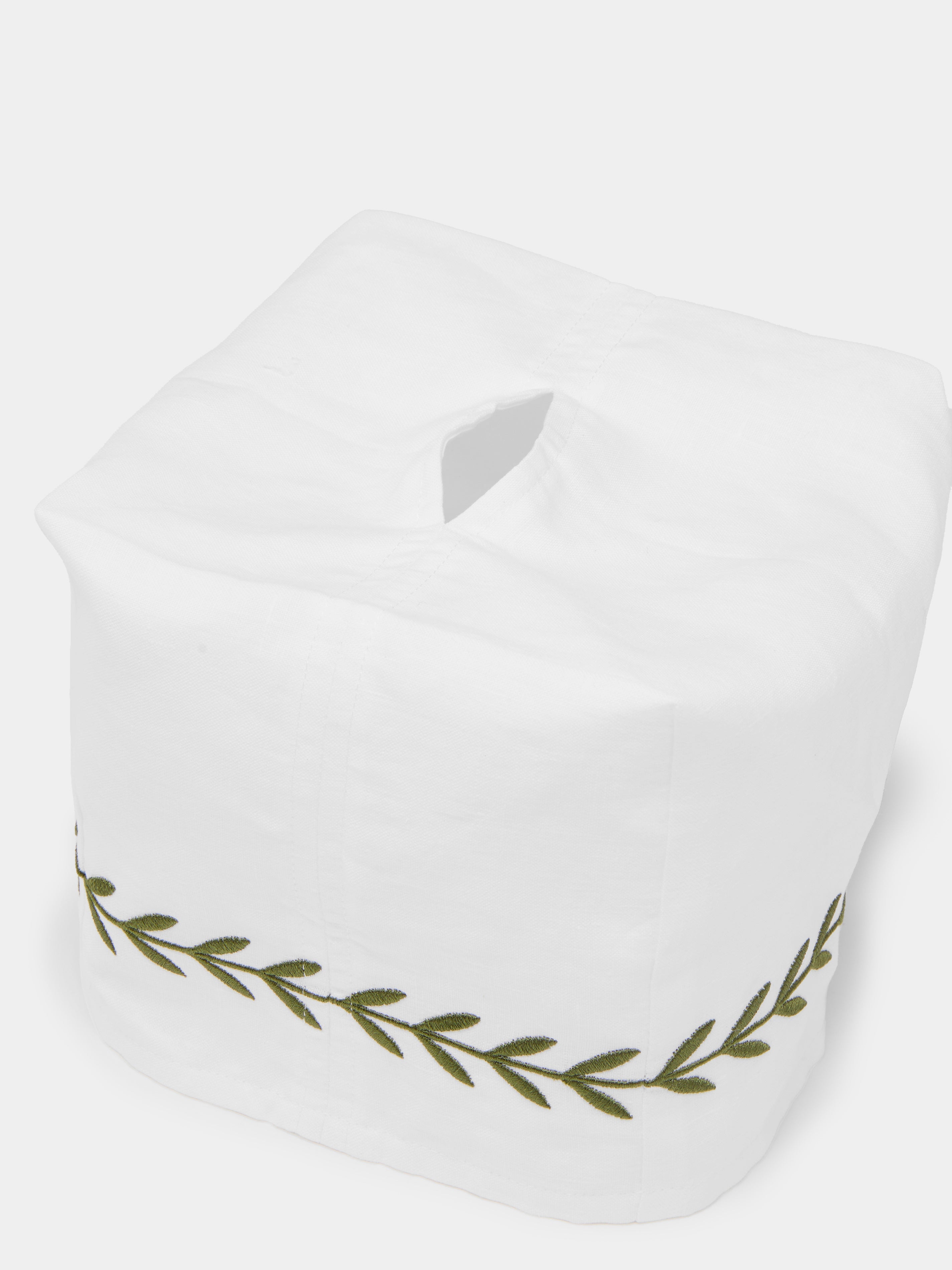 Laurel Leaf Embroidered Linen Rectangular Tissue Box