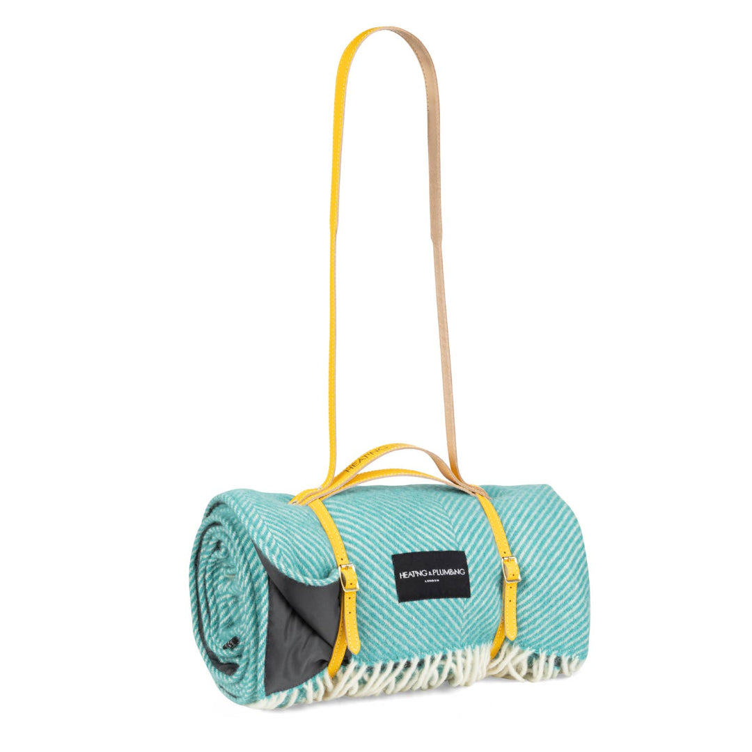 Heating & Plumbing London - Pure New Wool Picnic Blanket - Cornish Cove - Yellow Strap
