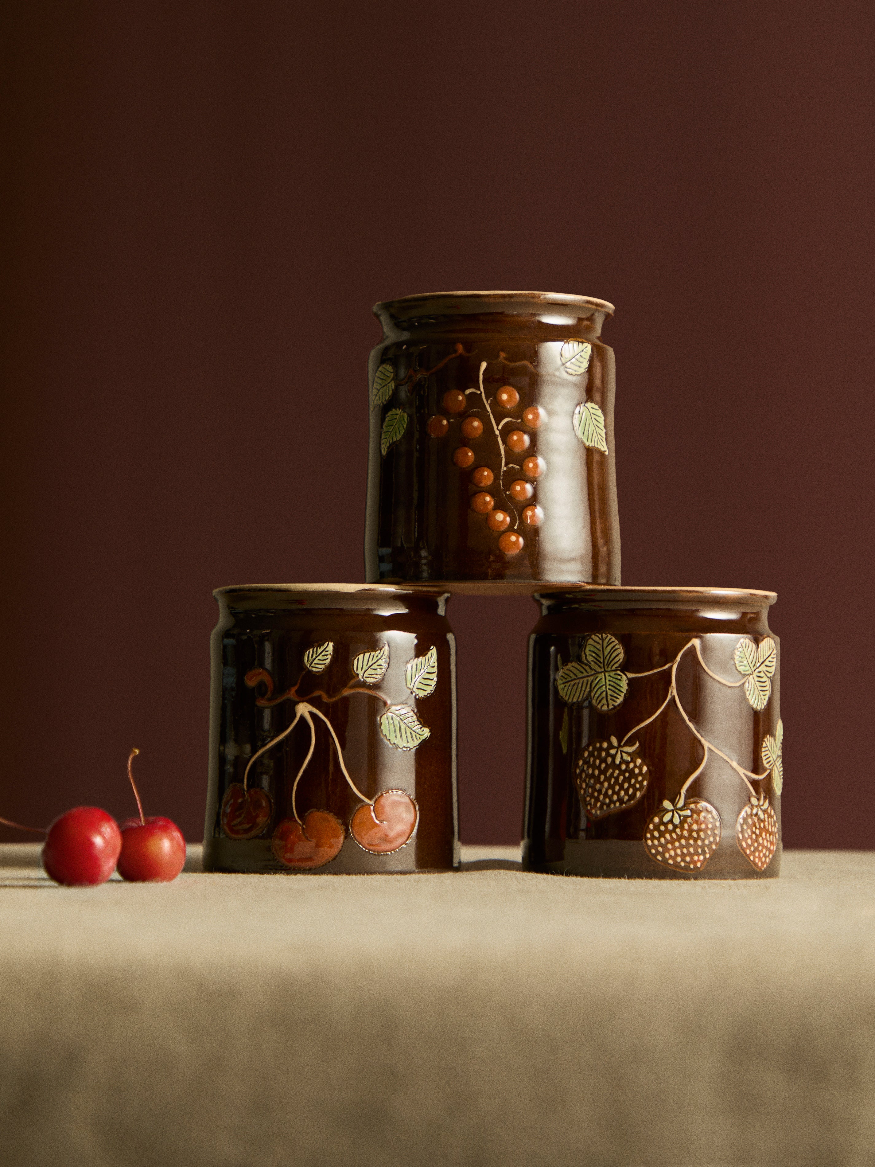 Cherries and Berries Hand-Painted Ceramic Jars (Set of 3)