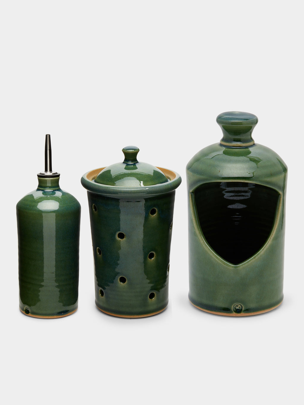 Stoneware Oil Pourer, Garlic Jar and Salt Sellar Set