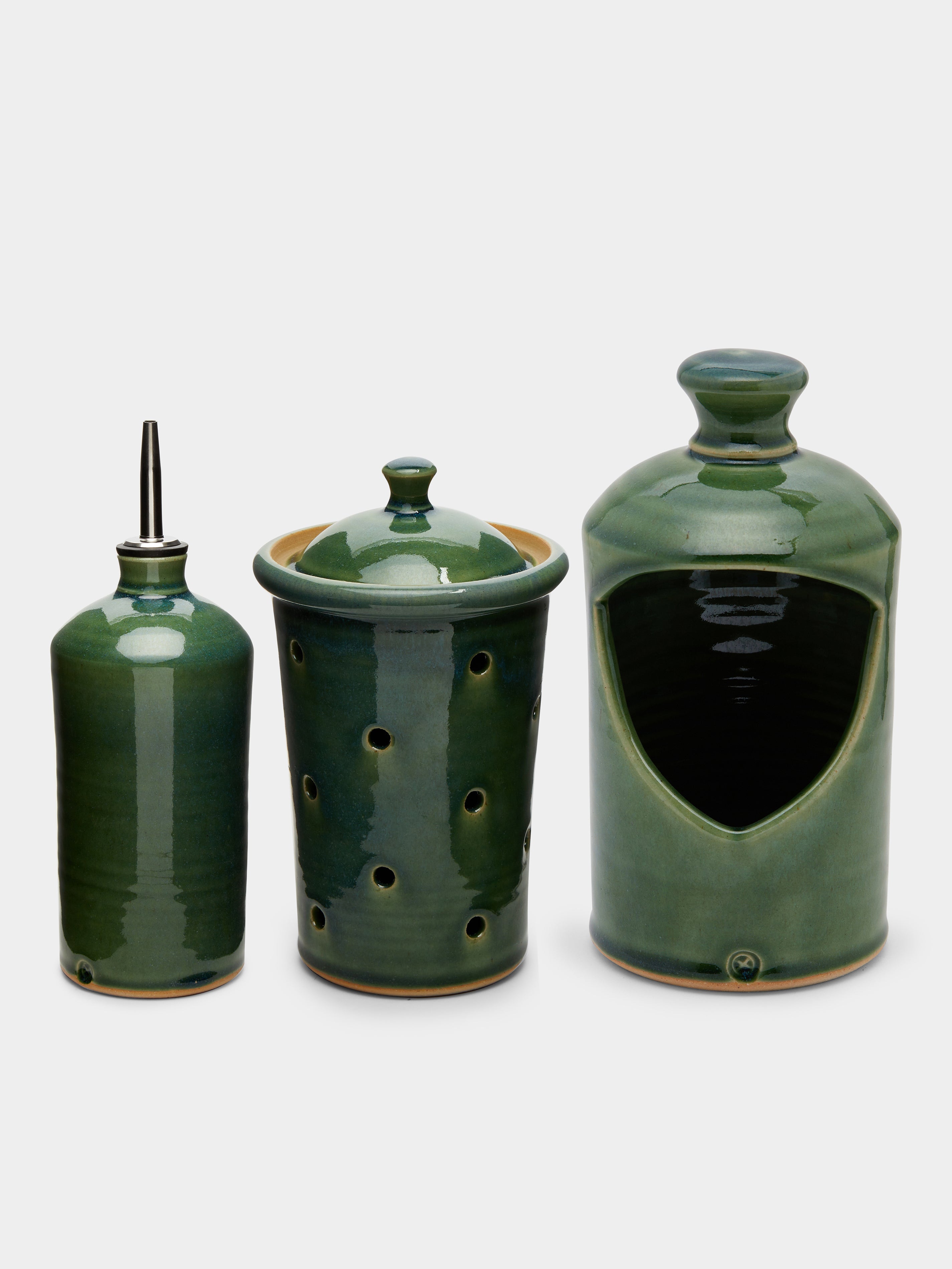 Stoneware Oil Pourer, Garlic Jar and Salt Sellar Set