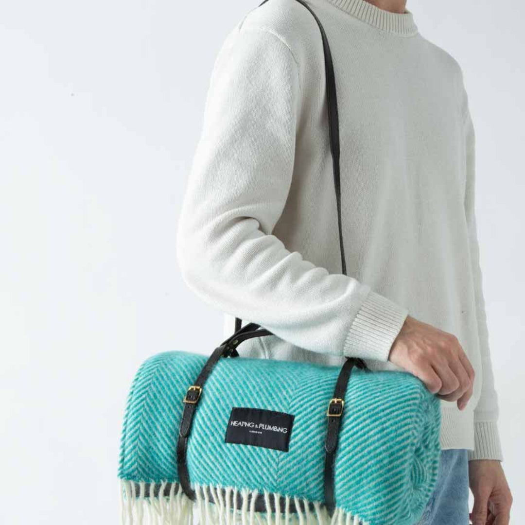 Heating & Plumbing London - Pure New Wool Picnic Blanket - Cornish Cove - Yellow Strap