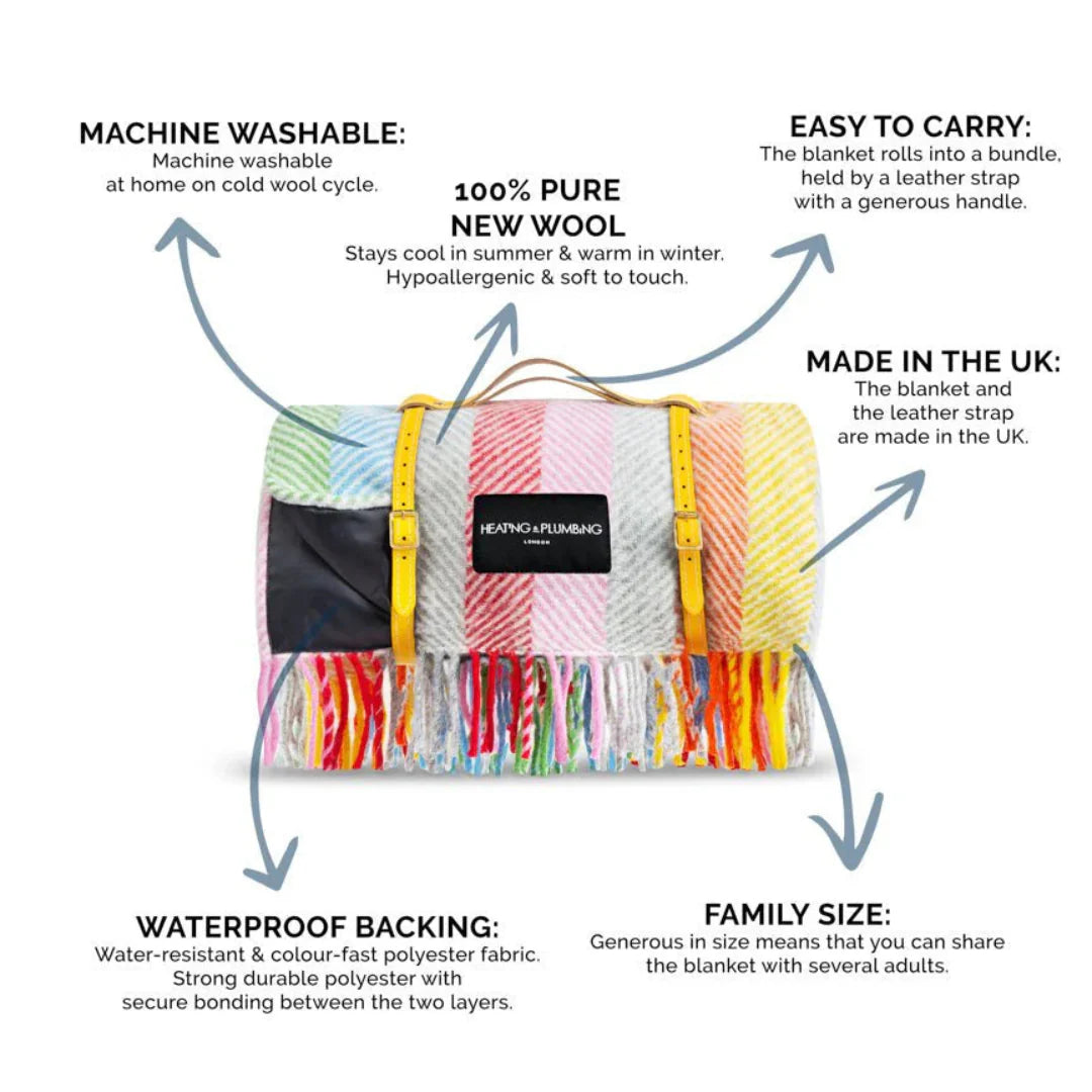 Heating & Plumbing London - Pure New Wool Waterproof Picnic Blanket - Rainbow