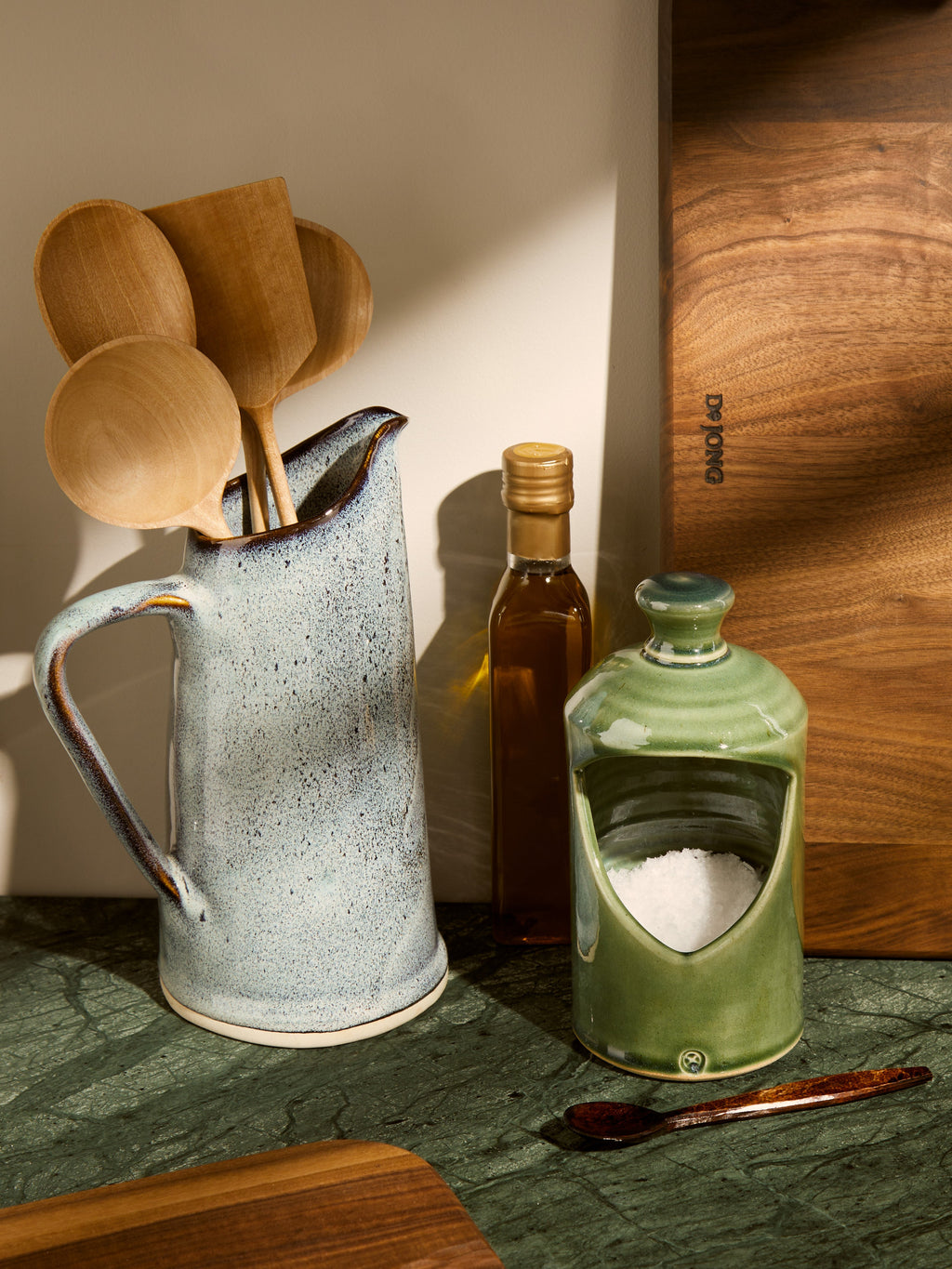 Stoneware Oil Pourer, Garlic Jar and Salt Sellar Set