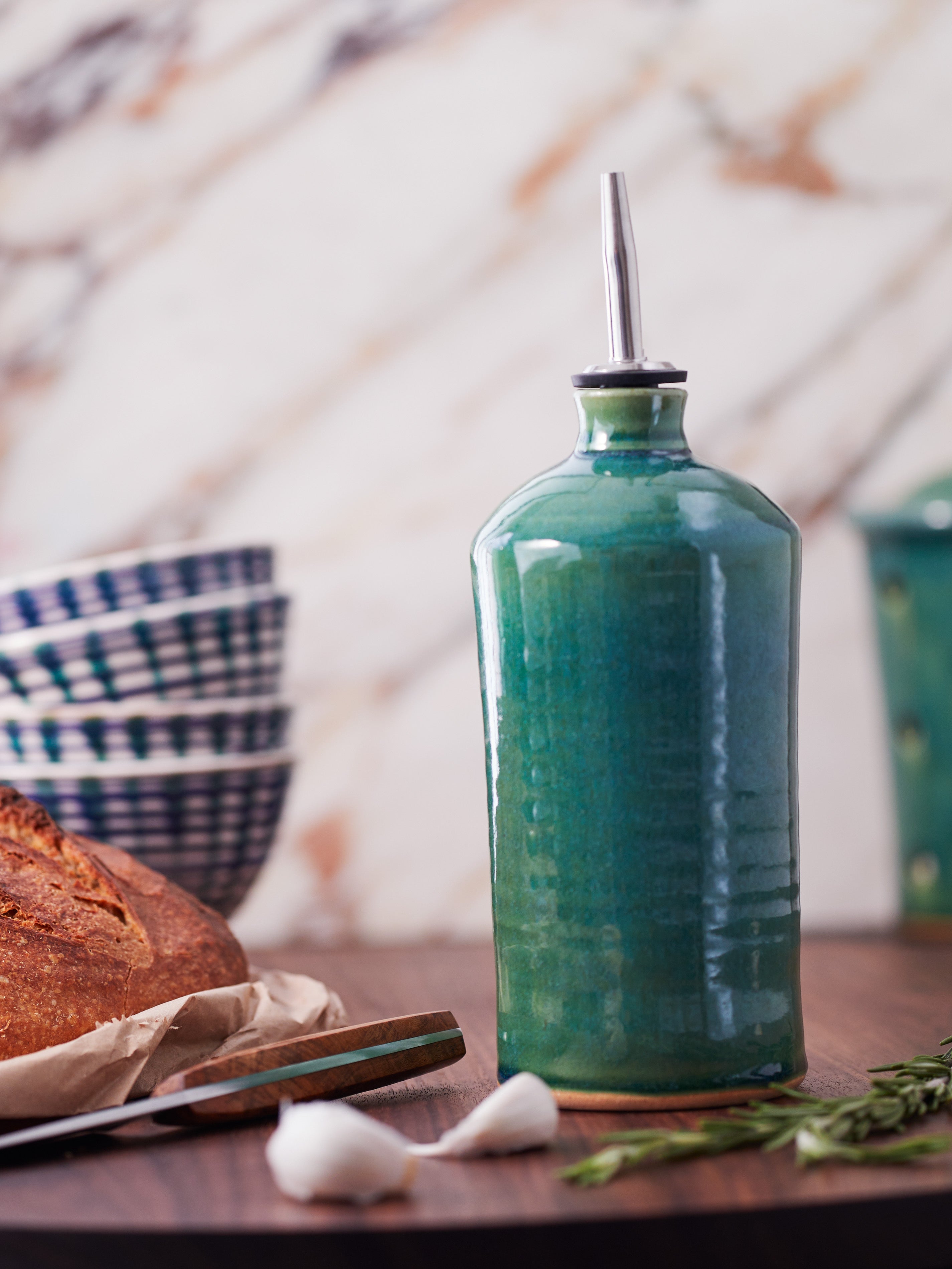 Stoneware Oil Pourer, Garlic Jar and Salt Sellar Set