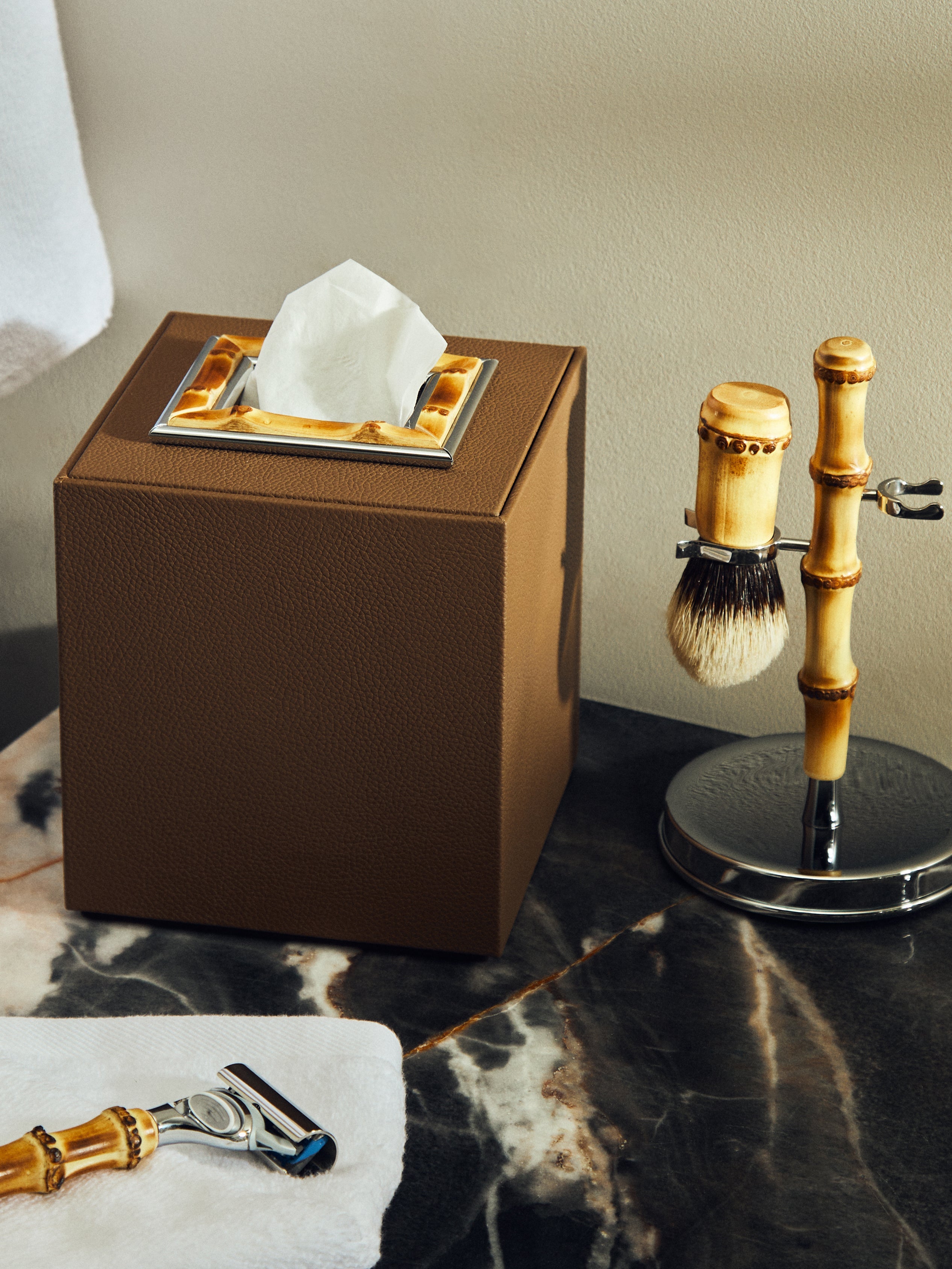 Bamboo and Leather Tissue Box