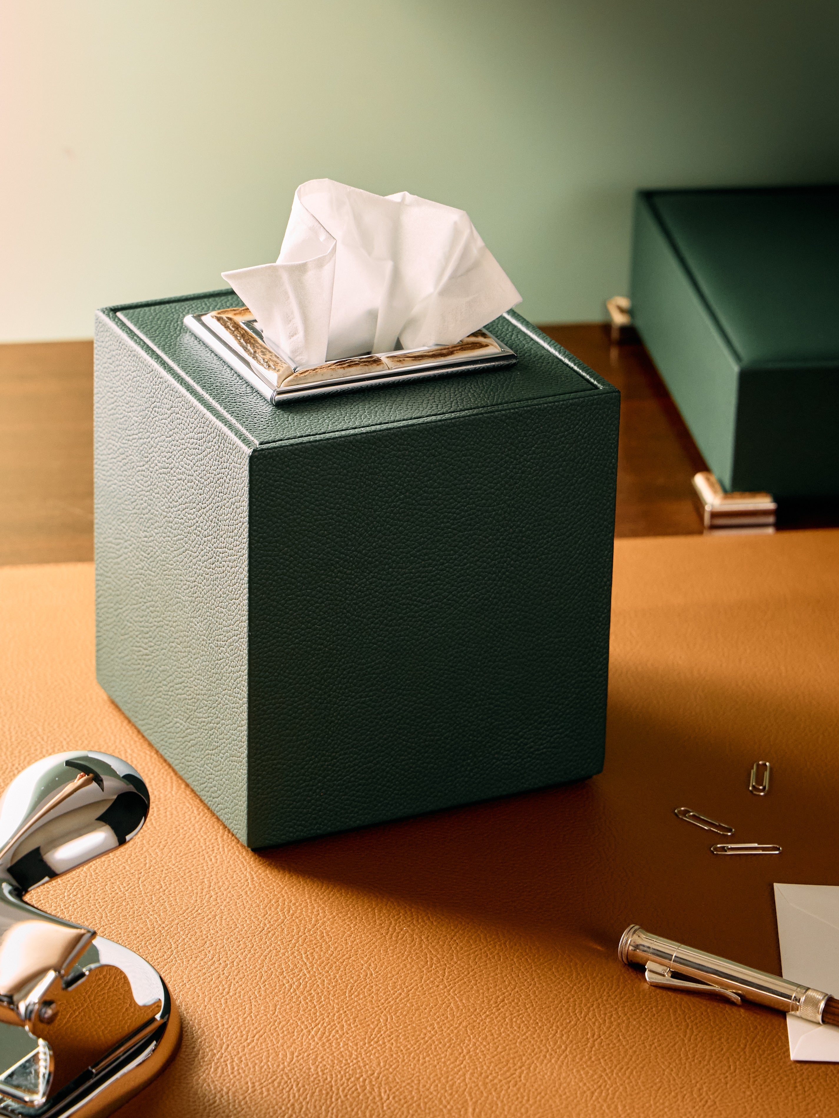 Leather and Stag Antler Cube Tissue Box